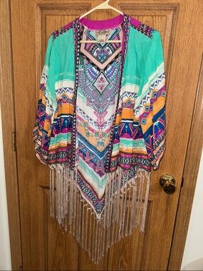 Flying Tomato Pink & Teal Geometric Boho kimono
